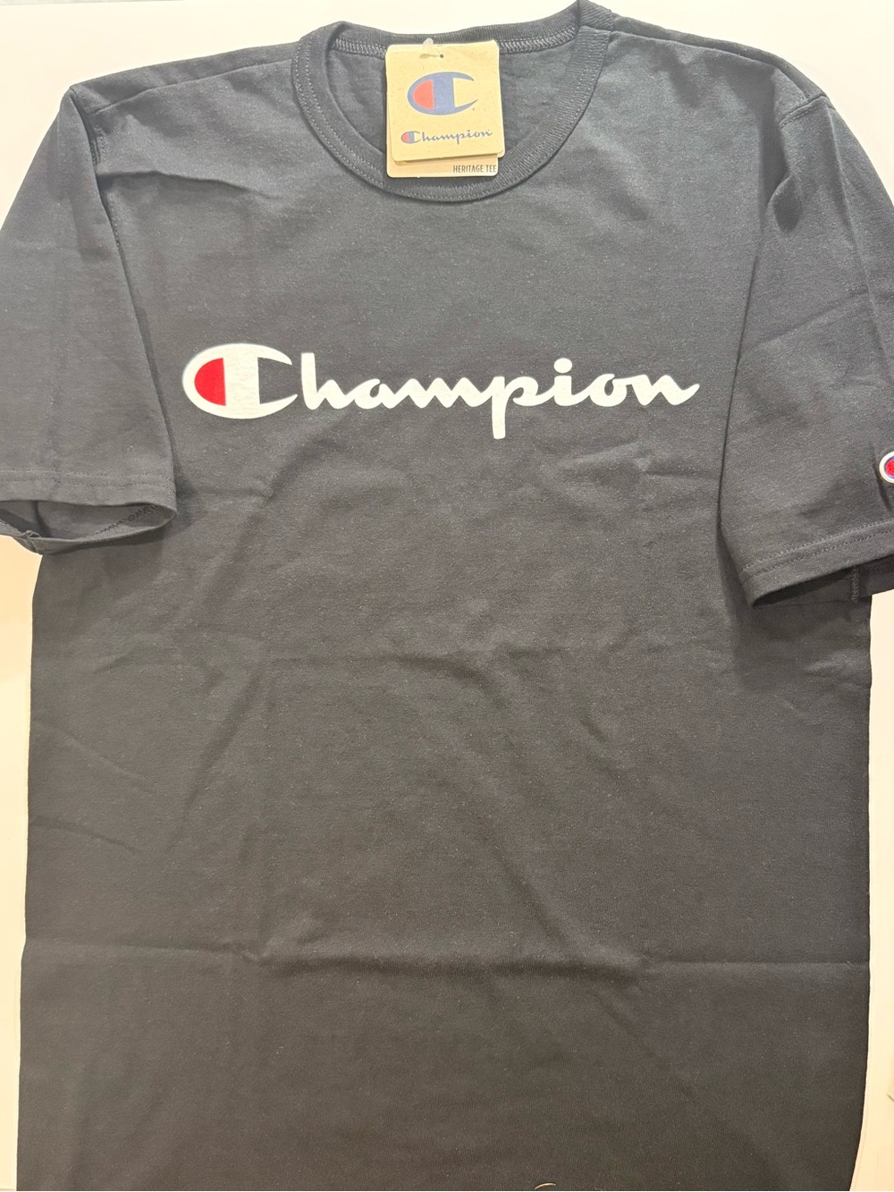 Champion Black T-Shirt with Blue & Red Logo Tag
